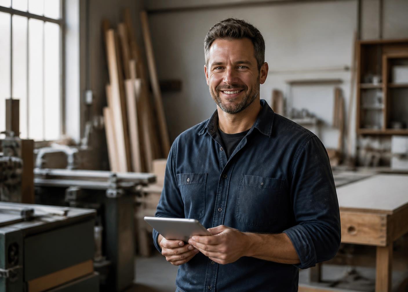 Handwerker lächelt mit einem Tablet in seiner Werkstatt