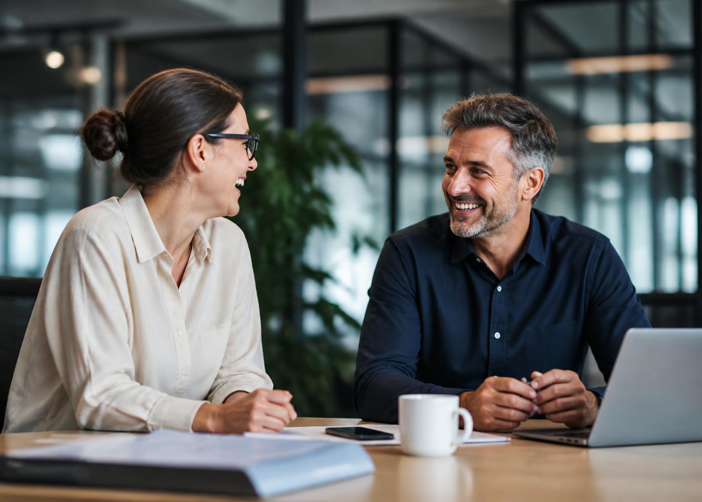 Zwei Kolleginnen und Kollegen lachen bei einer Besprechung im Büro