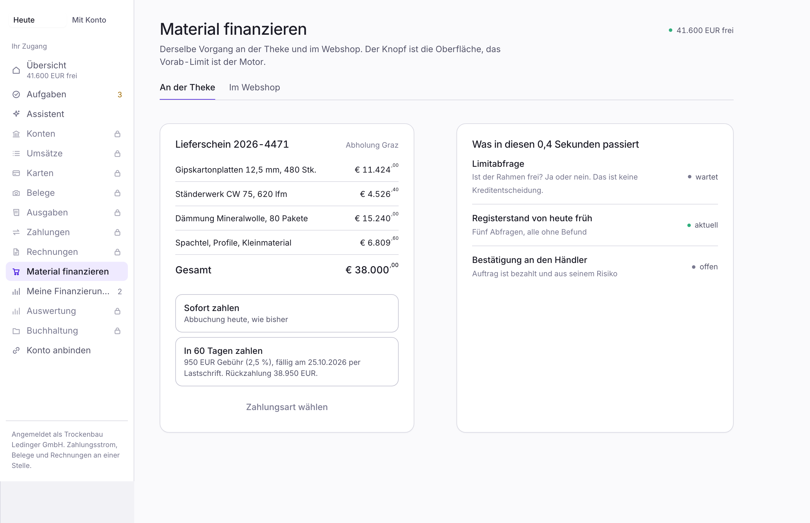 Abruf des Rahmens an der Theke und im Webshop