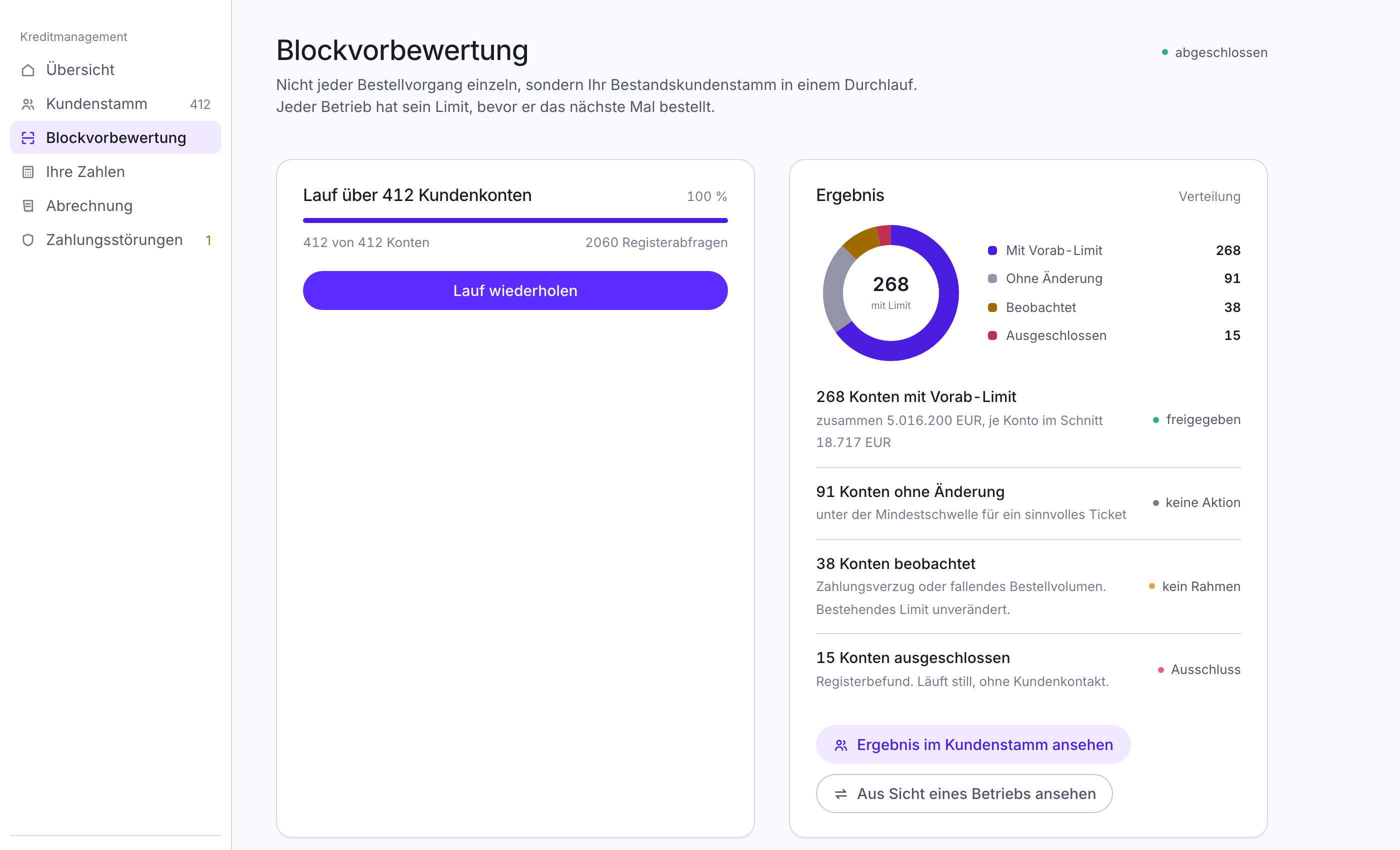 Bankwards-Prototyp: Blockvorbewertung über 412 Kundenkonten mit Ergebnisverteilung