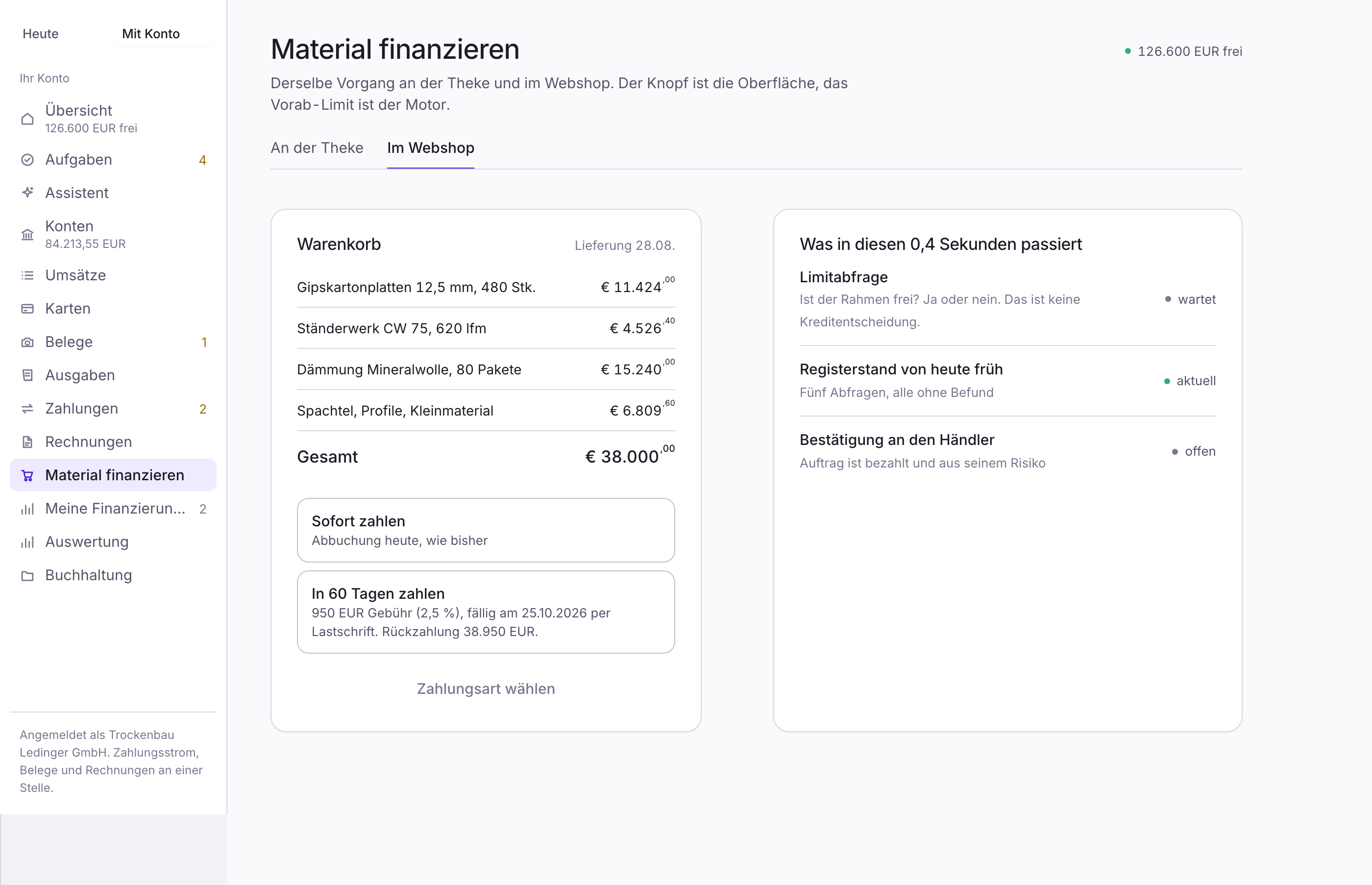 Bankwards-Prototyp: Materialfinanzierung im Webshop-Checkout, eingebettet im Konto des Betriebs